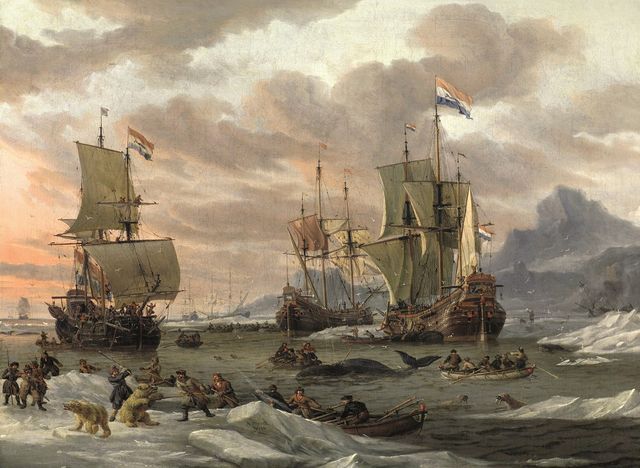 Schilderij van Ambraham Storck waarop de Walvisvangst in de Poolzee is afgebeeld.