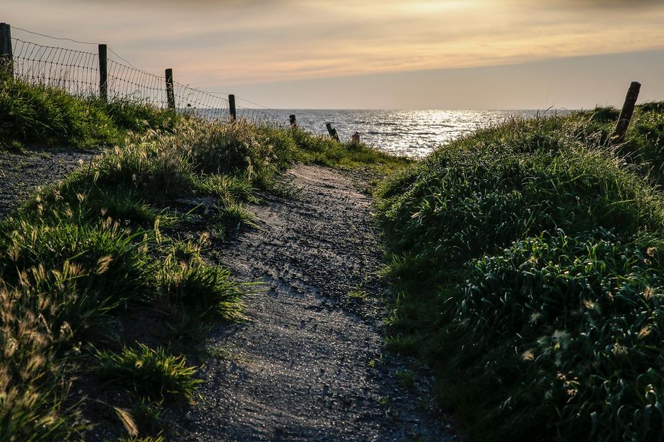 De dijk bij Warder-Etersheim bij zonsondergang met uitzicht op het water.