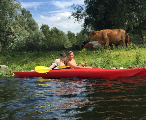 twee mensen in een kajak met een schotse hooglander op de achtergrond