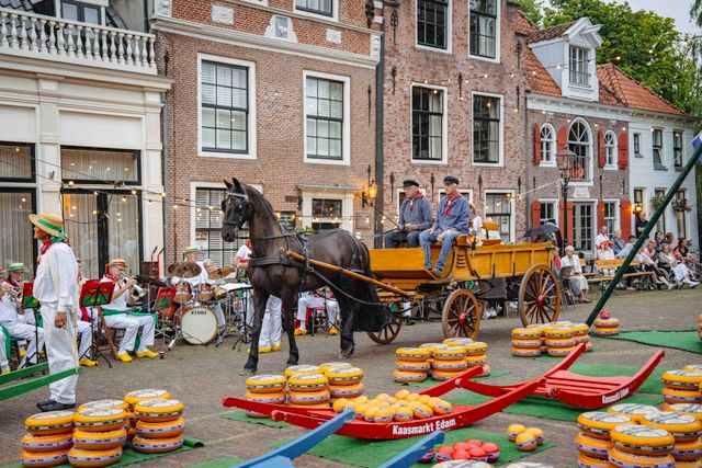 Een paard met wagen op de avondkaasmarkt in Edam