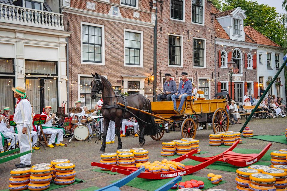 Een paard met wagen op de avondkaasmarkt in Edam
