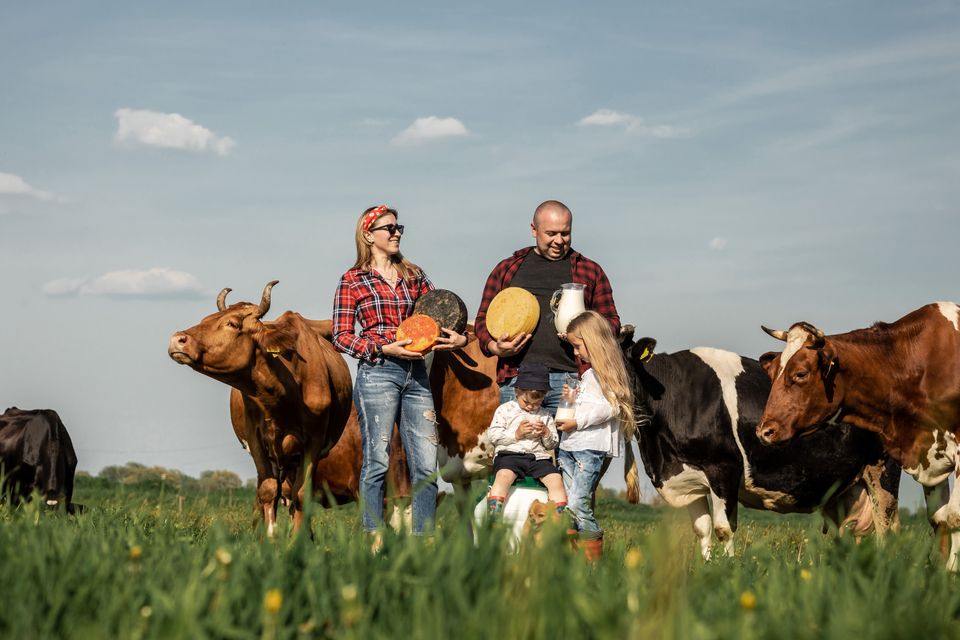 Boerenfamilie in het weiland.